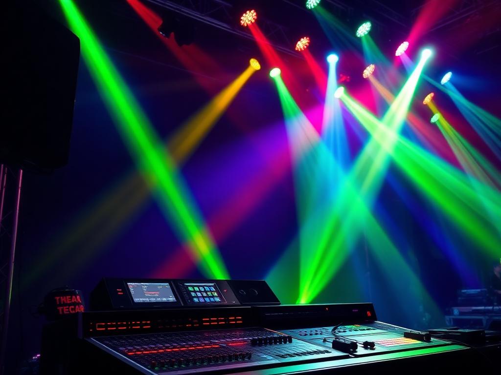 Mengtafel en line-array speakers tijdens een evenement
